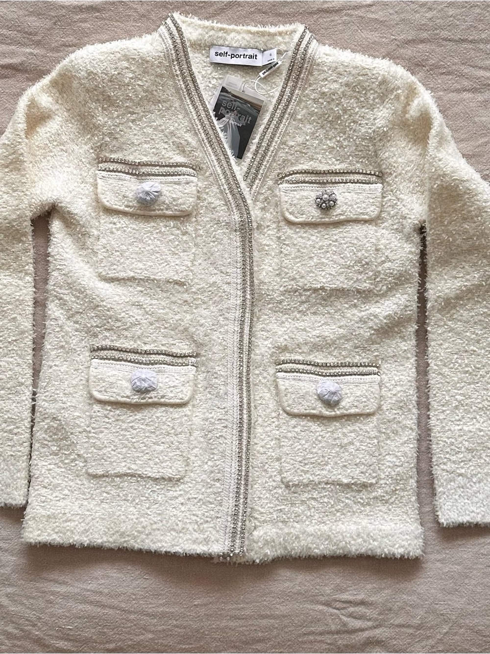 Self-Portrait Cream Bouclé Pocket Blazer with Jeweled Trim